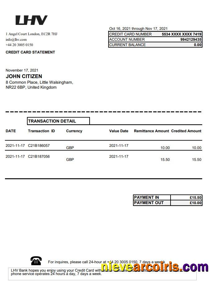 United Kingdom LHV Group bank statement in Excel and PDF format